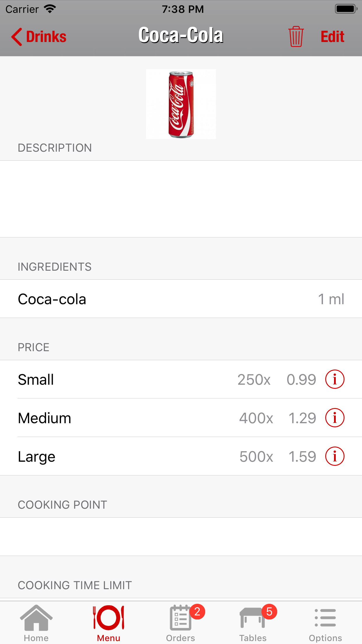 Restaurant POS system, Waiter POS, menu item, coca-cola, small 250 ml, medium 400 ml, Large 500 ml
