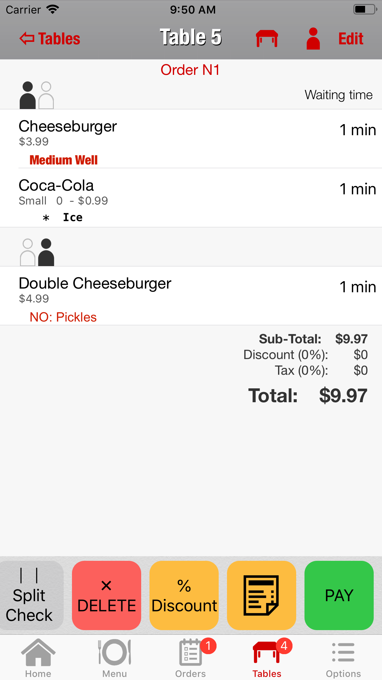 Restaurant POS system, Waiter POS, table