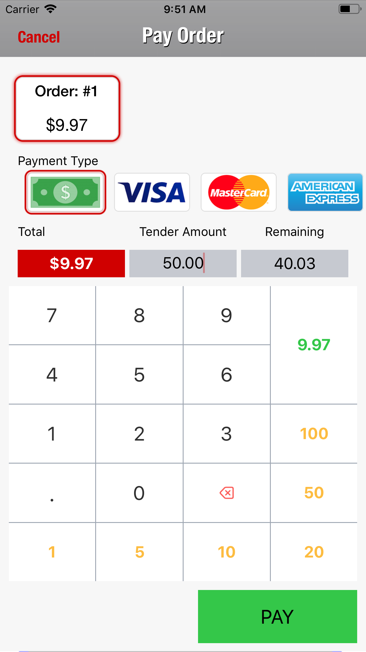 Restaurant POS system, Waiter POS, pay order, cash, visa, mastercard, american express